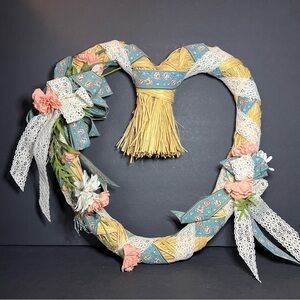 Farmhouse Cottagecore Heart Shaped Blue Floral Ribbon & Lace Straw Wreath 16"